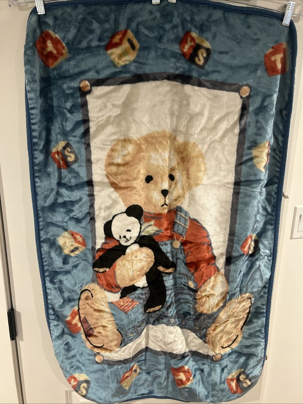 Springmaid Vintage Blue Jean Teddy Bear Fleece Baby Blanket Panda Blocks 29x42
